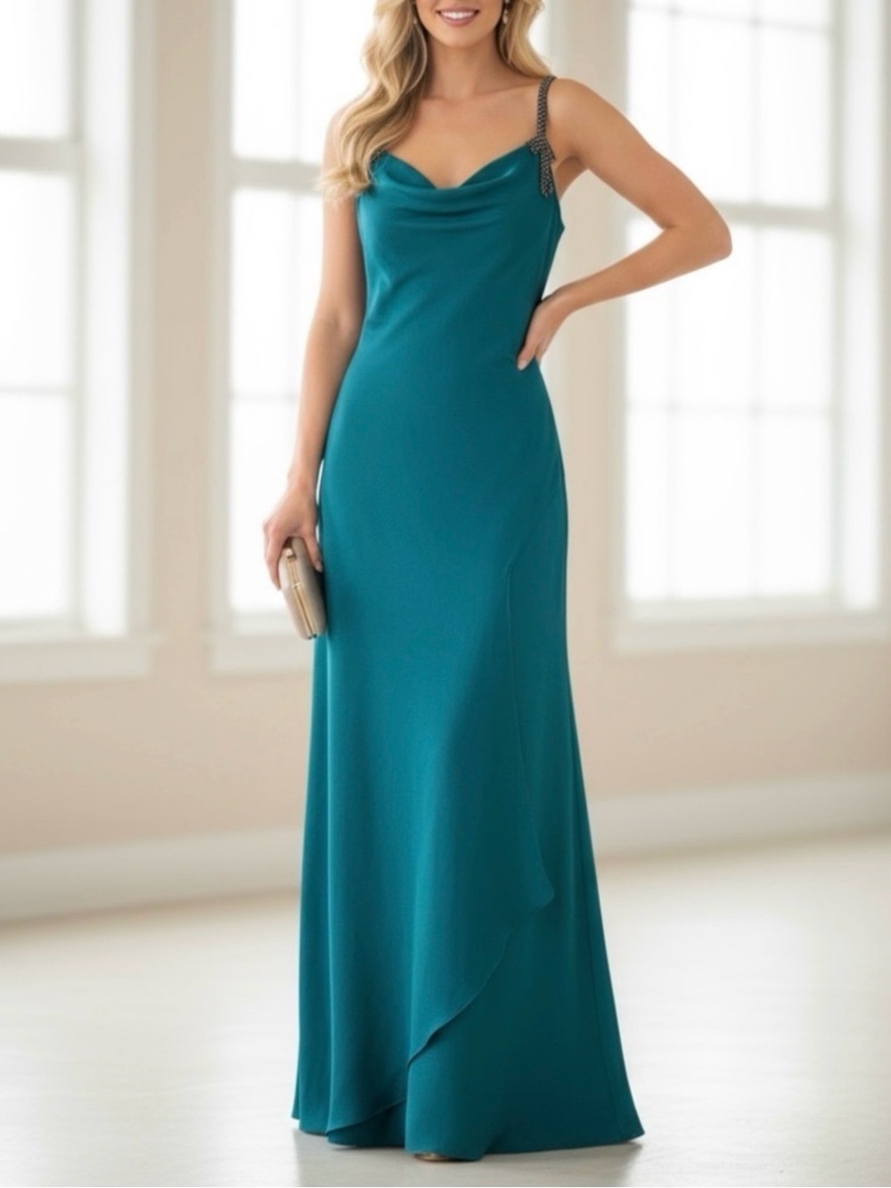 Rickie Freeman for Teri Jon Teal Beaded Strap Gown – Size 2 Cowl Neck Formal